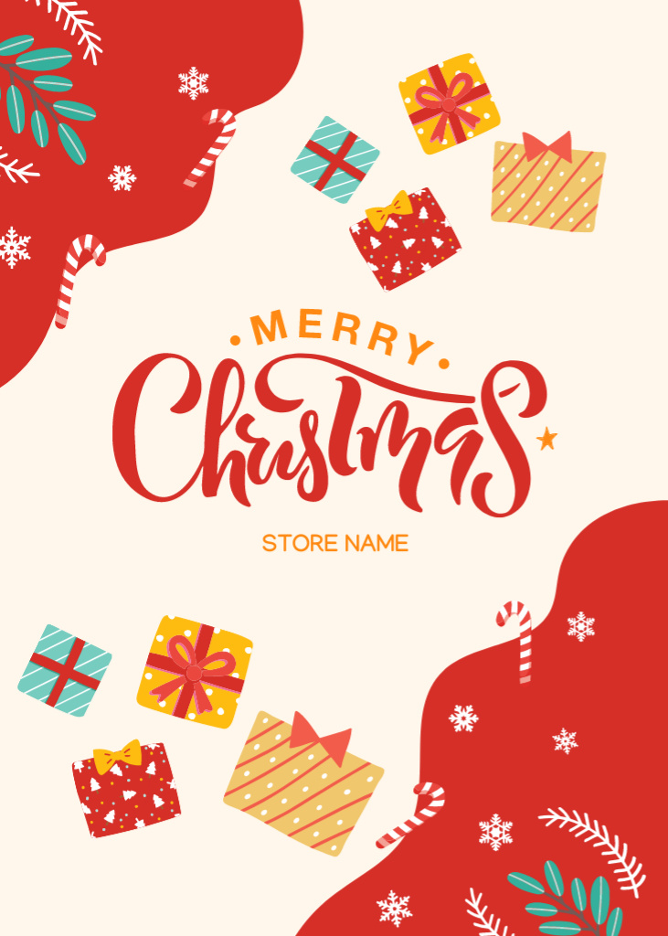 Designvorlage Love-filled Christmas Congrats With Colorful Presents für Postcard 5x7in Vertical
