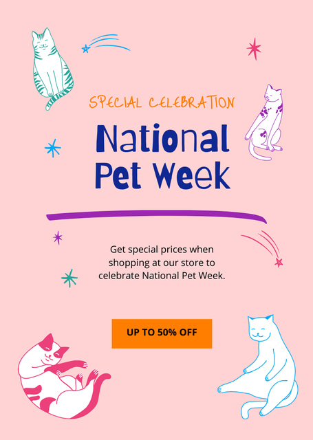 National Pet Week Illustrated with Cats on Pink Postcard A6 Vertical Πρότυπο σχεδίασης