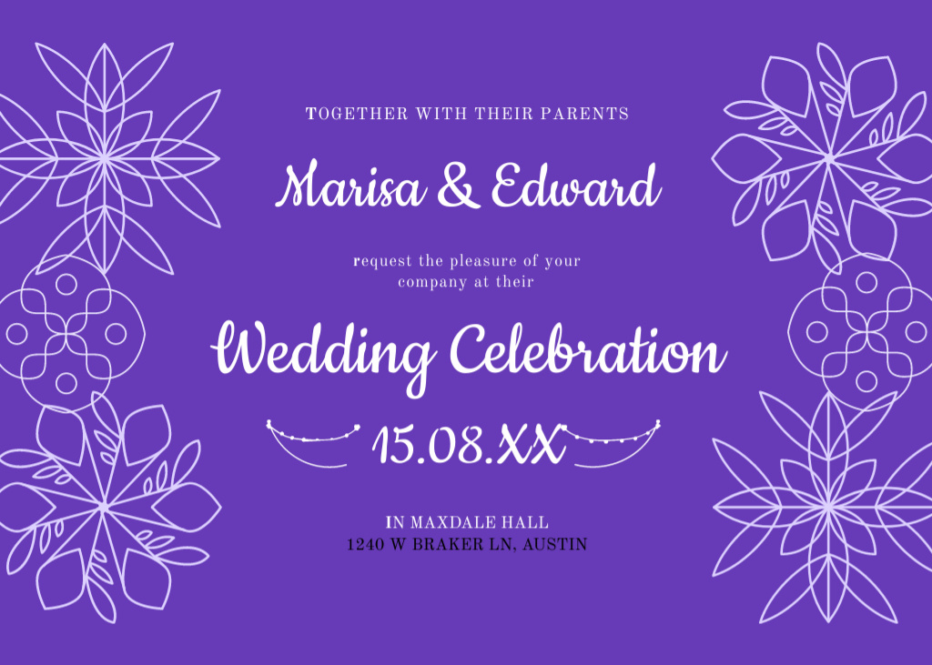 Wedding Festive Invitation with Illustration of Flowers on Purple Flyer 5x7in Horizontal Design Template
