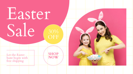 Criança feliz e mãe com orelhas de coelho para promoção de venda de Páscoa FB event cover Modelo de Design