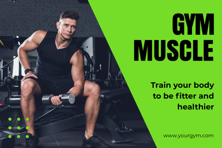 Handsome Man Training with Dumbbell in Gym Label Design Template