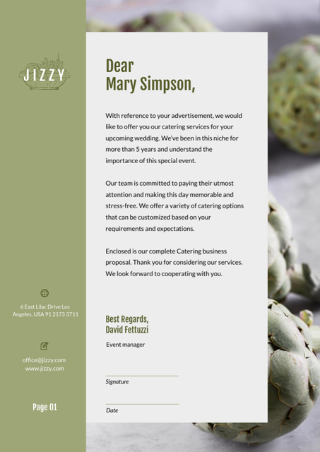 Catering Services with green artichokes Letterhead Design Template