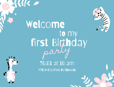 First Birthday Party Announcement With Cute Animals Invitation 13.9x10.7cm Horizontal Design Template