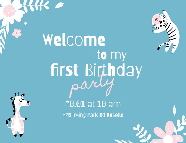 Designvorlage First Birthday Party Announcement With Cute Animals für Invitation 13.9x10.7cm Horizontal