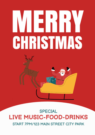 Christmas Celebration Announcement Happy Santa in Sleigh Poster Design Template