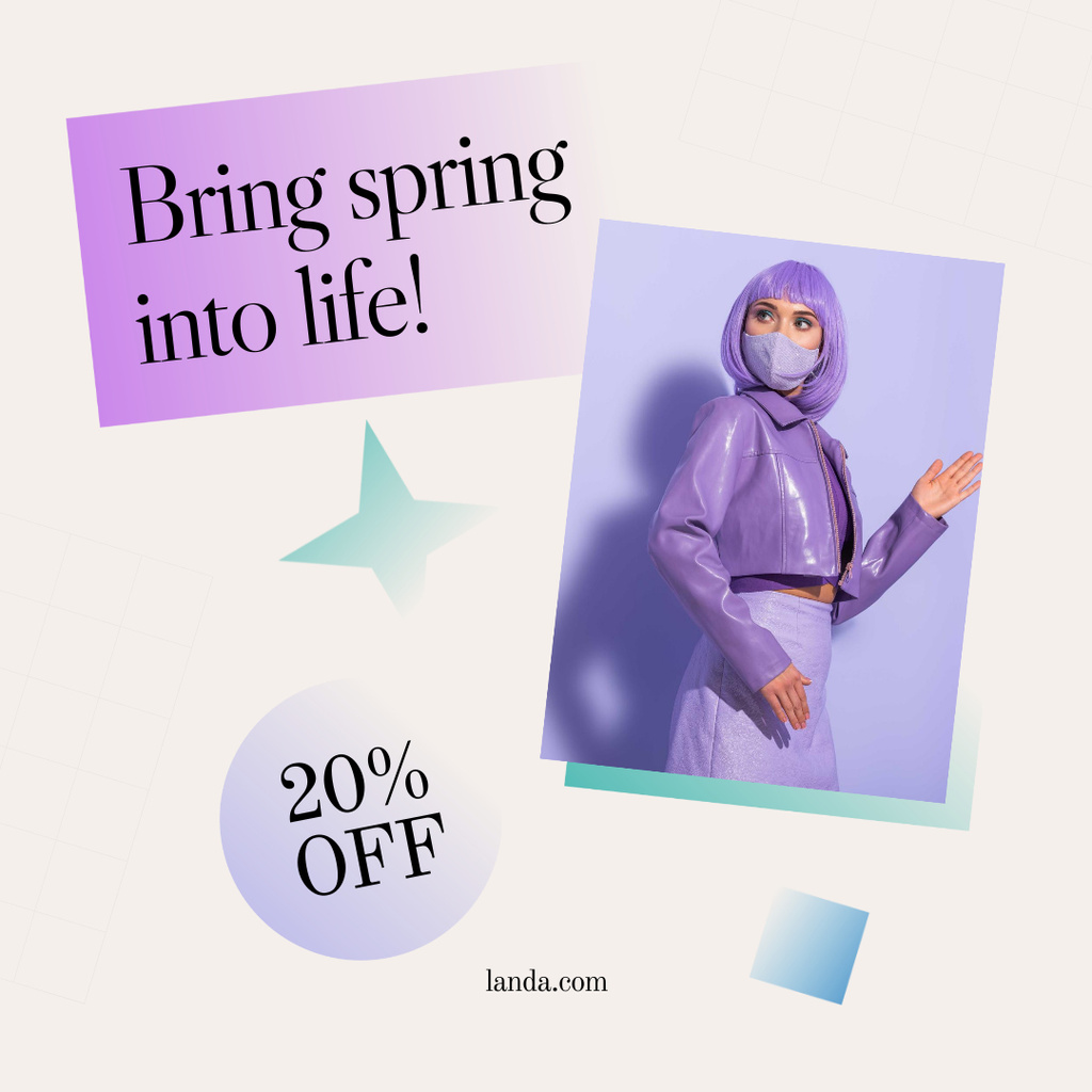 Fashion Sale Offer with Fancy Woman in Purple Instagram AD Modelo de Design