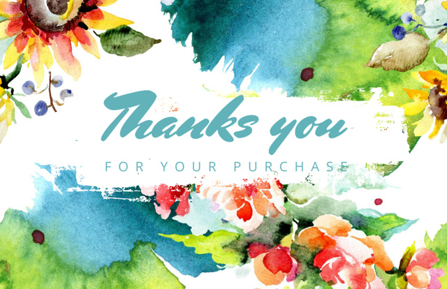 Thank You for Your Purchase Message with Bright Watercolor Flowers Thank You Card 5.5x8.5in Πρότυπο σχεδίασης