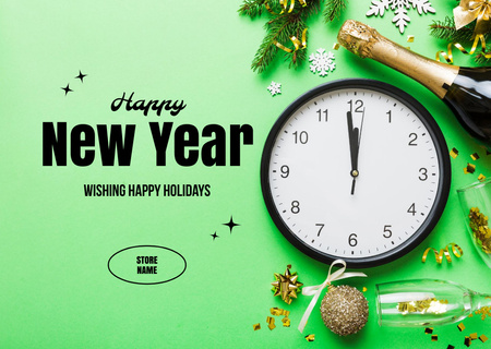 New Year Holiday Greeting with Clock and Champagne Postcard Design Template