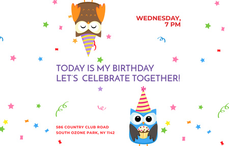 Szablon projektu Birthday Party Announcement With Owls Invitation 4.6x7.2in Horizontal