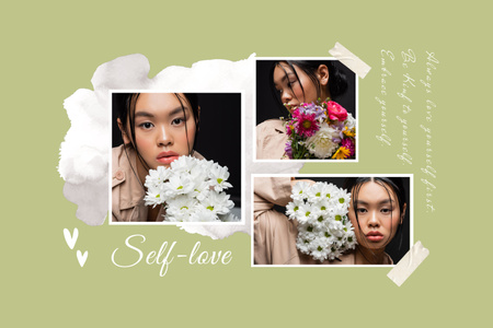 Designvorlage Collage mit junger attraktiver asiatischer Frau zum Valentinstag für Mood Board