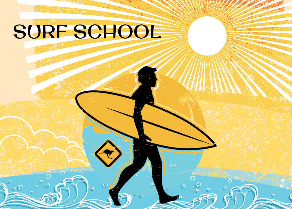 Surfing School with Bright Illustration Postcard 5x7in Design Template