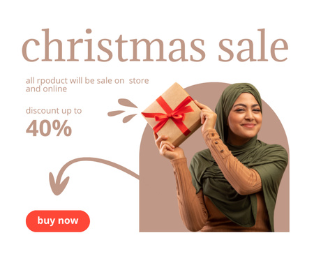 Christmas Sale Ad witj Joyful Woman with Gift Box Facebook Design Template
