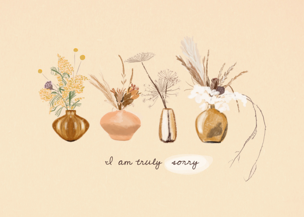 Ontwerpsjabloon van Postcard 5x7in van Apology With Tender Watercolor Flowers In Vases
