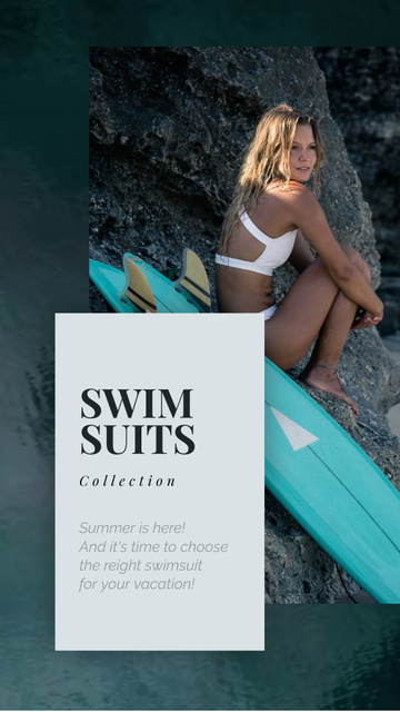 Template di design Swimwear Ad Woman in Bikini with Surfboard Instagram Video Story