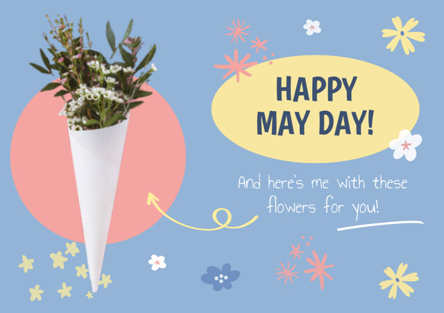 Ontwerpsjabloon van Postcard A5 van May Day Celebration Announcement with Bouquet of Flowers