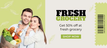 Grocery Store Ad with Young Happy Couple Holding Paper Bag with Food Coupon 3.75x8.25in Design Template