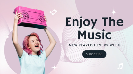 Music Blog Promotion with Cheerful Woman with Boombox Youtube Thumbnail Design Template