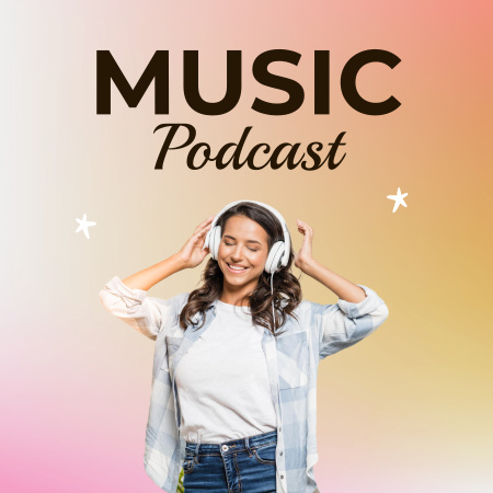 Music Broadcasts with the Host in Headphones Podcast Coverデザインテンプレート