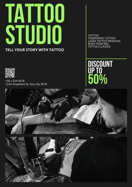 Body Piercings And Temporary Tattoo Studio With Discount Poster Design Template