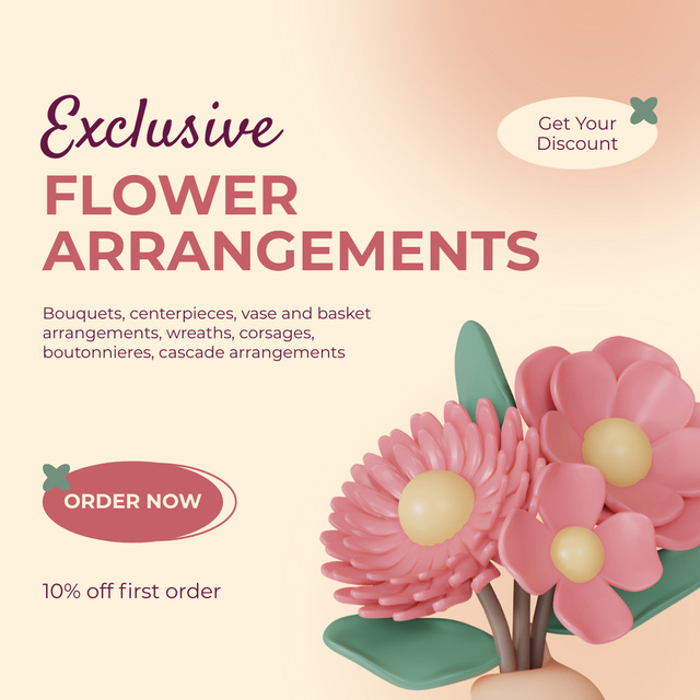 Exclusive Flower Arrangements Service Offer with 3D Pink Flowers Instagram Design Template