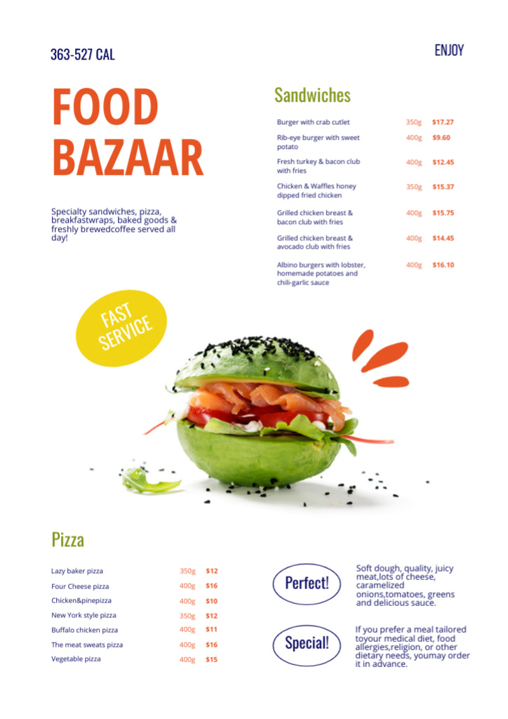 Food Menu Announcement with Green Burger and Tomatoes Menu Design Template