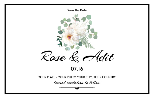 Save the Date with Flower Bouquet in Green Invitation 4.6x7.2in Horizontal Design Template