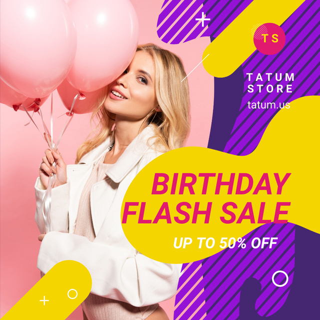 Birthday Fashion Sale Girl with Pink Balloons Instagram Design Template