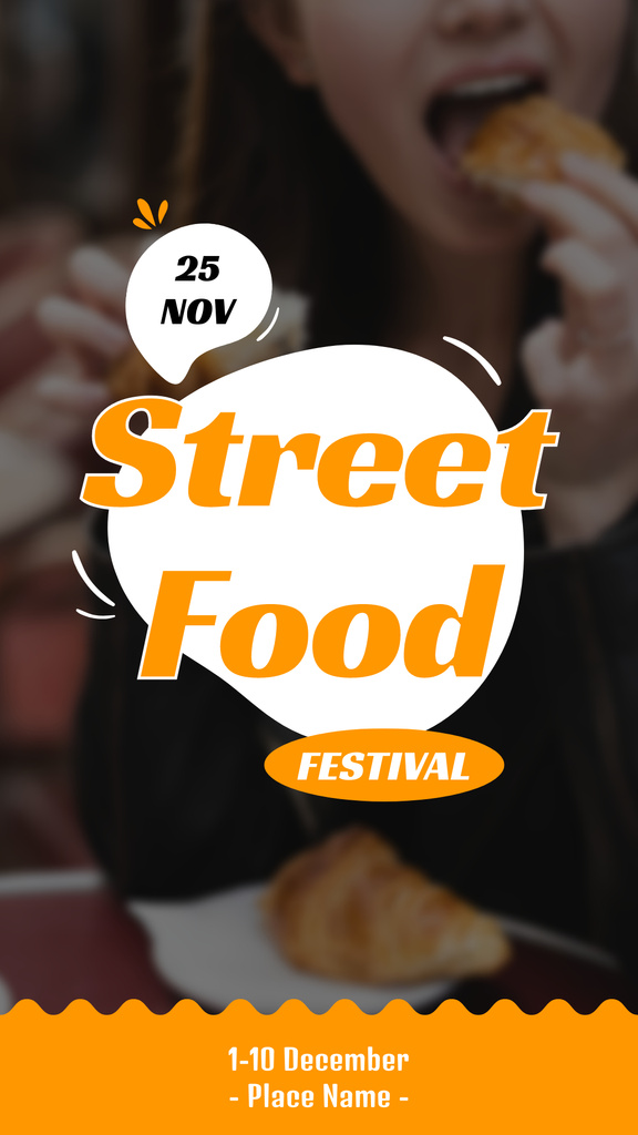 Modèle de visuel Woman eating on Street Food Festival - Instagram Story