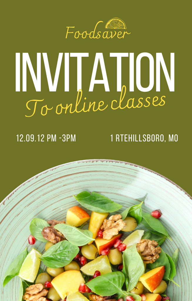 Ontwerpsjabloon van Invitation 4.6x7.2in van Healthy Nutritional Online Classes Ad With Fruits Salad