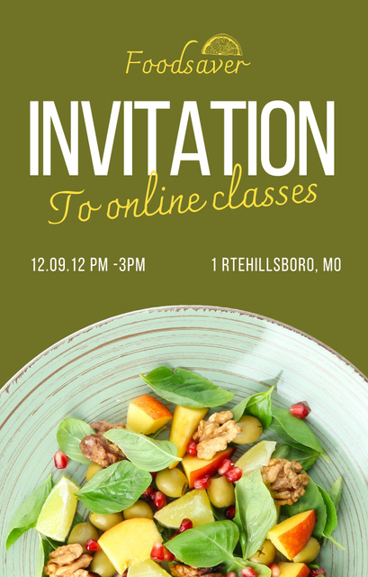 Ontwerpsjabloon van Invitation 4.6x7.2in van Healthy Nutritional Online Classes Ad With Fruits Salad