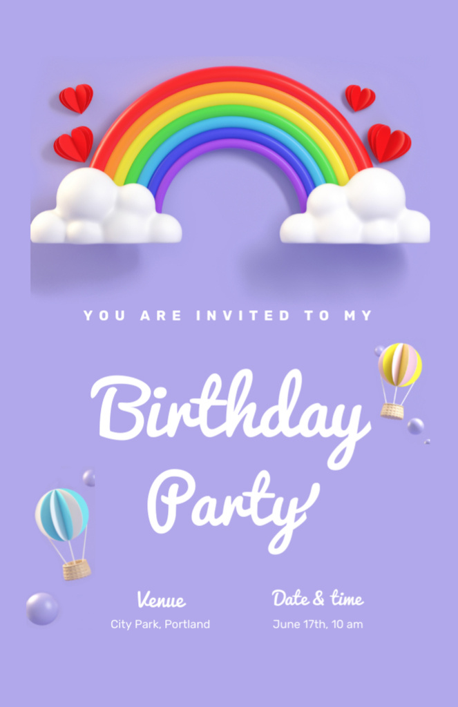 Birthday Party Announcement With Bright Rainbow Invitation 5.5x8.5inデザインテンプレート