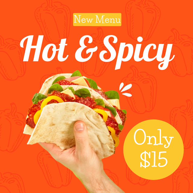 New Menu Sale Offer with Hot & Spicy Tacos Social media Modelo de Design