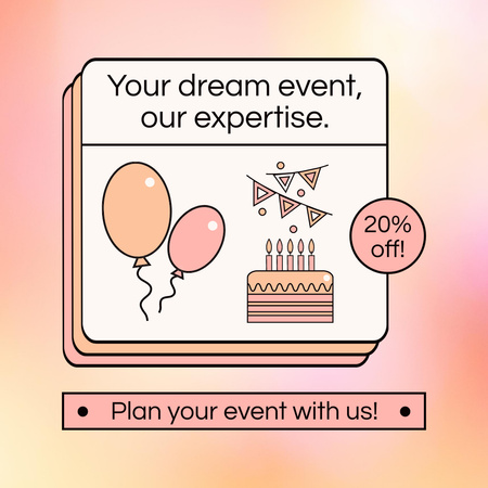 Ontwerpsjabloon van Instagram van Korting op het organiseren van een droomevenement met schattige taart en ballonnen