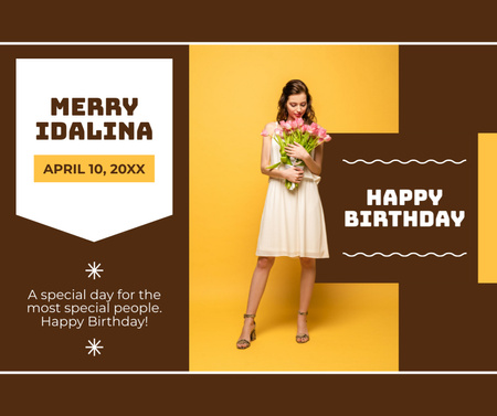 Birthday of Young Woman with Bouquet of Flowers Facebook Design Template