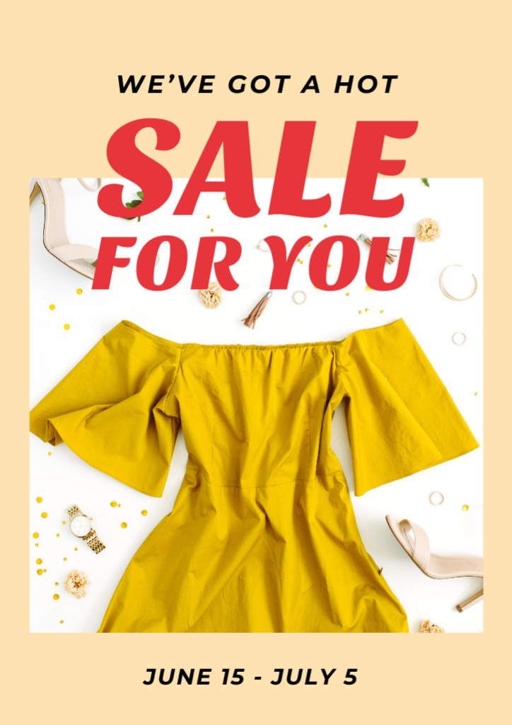 Platilla de diseño Clothes Sale with Stylish Yellow Female Outfit Flyer A4
