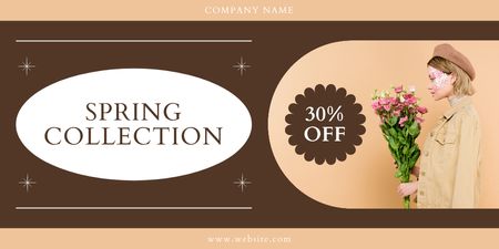 Designvorlage Spring Collection Sale Offer mit junger Frau mit Blumenstrauß für Twitter