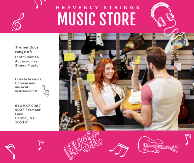 Music Store Ad Woman Selling Guitar Facebook Design Template