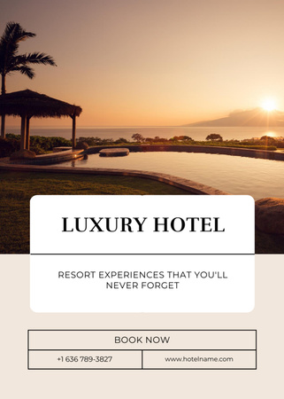 Designvorlage Luxushotel-Werbung mit Pool bei Sonnenuntergang für Postcard 5x7in Vertical
