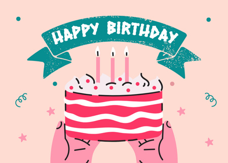 Birthday Greeting Text with Cake on Pink Postcard 5x7in Design Template
