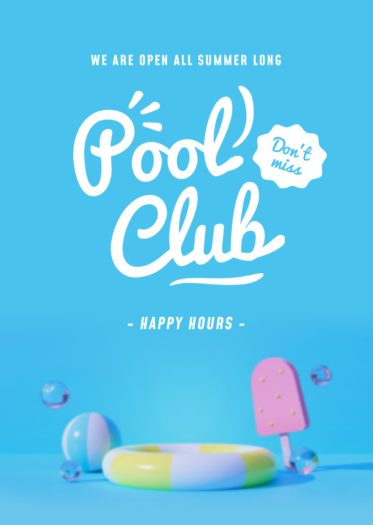 Pool Club Happy Hours Ad with Inflatable Ring Flyer A6 Design Template