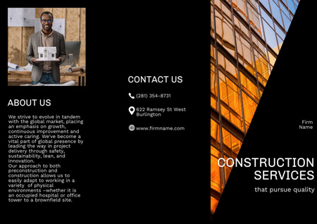 Construction Company Ad with Handsome Architect Holding Model of House Brochure Design Template