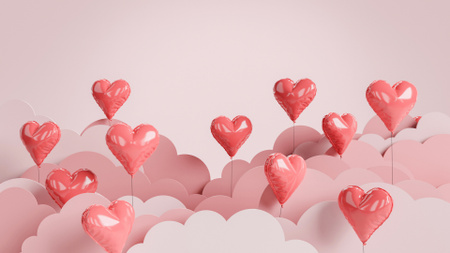 Ystävänpäivä söpöjen vaaleanpunaisten sydämien kanssa pilvissä Zoom Background Design Template