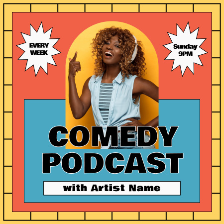 Ontwerpsjabloon van Podcast Cover van Komedie-afleveringsadvertentie met lachende vrouwelijke artiest