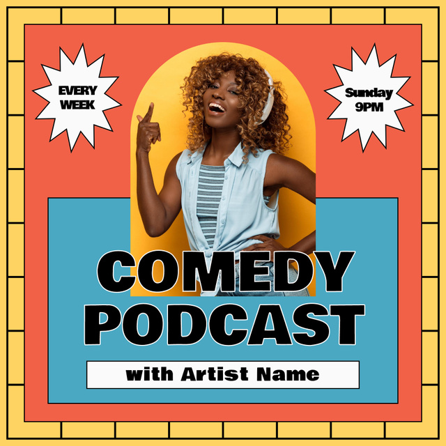 Comedy Episode Ad with Smiling Woman Performer Podcast Cover Tasarım Şablonu