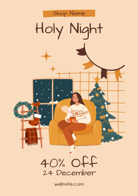 Christmas Holy Night Sale Offer With Festive Interior Postcard A5 Vertical Πρότυπο σχεδίασης