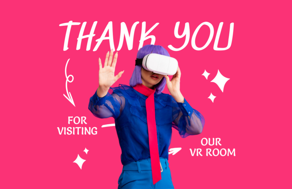 Woman in Virtual Reality Glasses on Pink Thank You Card 5.5x8.5in Design Template