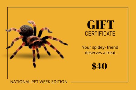 Plantilla de diseño de National Pet Week Offer with Spider Gift Certificate 