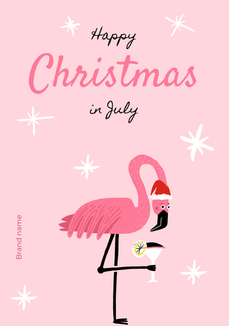 Merry Christmas in July Greeting with Pink Flamingo Postcard A5 Vertical Tasarım Şablonu