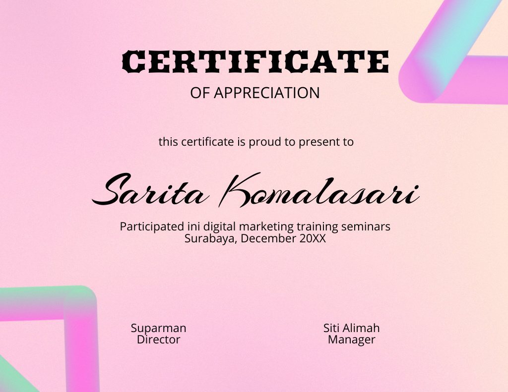 Award for Participation in Digital Marketing Seminars In Gradient Certificate Tasarım Şablonu