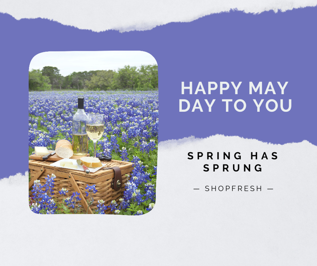 May Day Celebration Announcement with Picnic in Flower Field Facebook Design Template